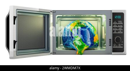 Globale Erwärmung und Klimawandel, Konzept. Erdkugel schmilzt in der Mikrowelle. 3D-Rendering isoliert auf weißem Hintergrund Stockfoto