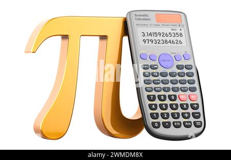 Pi mit Rechner, 3D-Rendering isoliert auf weißem Hintergrund Stockfoto