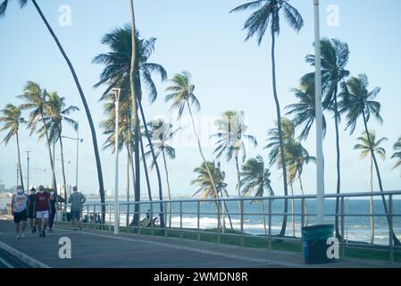 Salvador, Bahia, Brasilien - 14. Juni 2020: Menschen werden während der COVID-19-Virusquarantäne in der Stadt gesehen, die am Rand von Praia da Barra entlang laufen Stockfoto