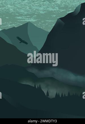 Ein Bergtal ist in Grüntönen in einer 3D-Illustration zu sehen. Stockfoto