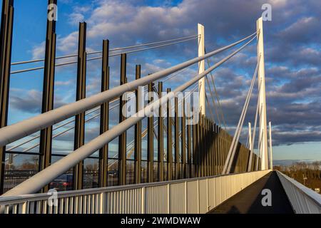 Pfeiler und Schrägseile der neuen Autobahnbrücke der A40, über den Rhein bei Duisburg, Geh-und Radweg, Neuenkamp Brücke, die alte Brücke im Hintergrund, wird zur Zeit zurück bauen, dann wird der zweite Teil der Neuenkamper Brücke errichtet, NRW, Deutschland, Rheinbrücke Neuenkamp *** Stege und Streckkabel der neuen Autobahnbrücke der A40, über den Rhein bei Duisburg, Gehweg- und Radweg, Neuenkamp-Brücke, die alte Brücke im Hintergrund, wird derzeit umgebaut. anschließend wird der zweite Teil der Neuenkamp-Brücke gebaut, NRW, Deutschland, Rheinbrücke Neuenkamp Stockfoto