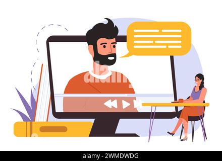 Online-Schulungen. Videolektion für Fernstudium. Frau sitzt am Schreibtisch und hört dem Lehrer im Internet zu Stock Vektor