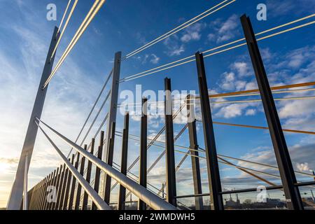 Pfeiler und Schrägseile der neuen Autobahnbrücke der A40, über den Rhein bei Duisburg, Neuenkamp Brücke, die alte Brücke im Hintergrund, wird zur Zeit zurück gebaut, dann wird der zweite Teil der Neuenkamper Brücke errichtet, NRW, Deutschland, Rheinbrücke Neuenkamp *** Anleger und Streckkabel der neuen Autobahnbrücke der A40, über den Rhein bei Duisburg, Neuenkamp Brücke, die alte Brücke im Hintergrund, wird derzeit umgebaut, dann wird der zweite Teil der Neuenkamp Brücke gebaut, NRW, Deutschland, Rheinbrücke Neuenkamp Stockfoto