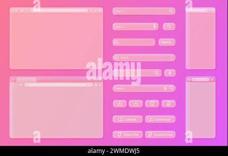Transparentes Internet-Browser-Fenster. Benutzeroberflächenelemente, Suchleisten und Aktionsschaltflächen Vektor-UI-Vorlagensatz Stock Vektor
