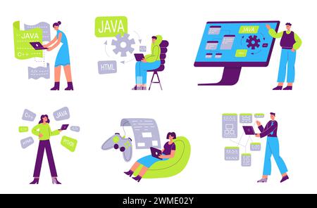 Webentwickler, Softwareprogrammierer arbeiten an Illustrationen. Testgeräte prüfen die Qualität und beheben Fehler Stock Vektor