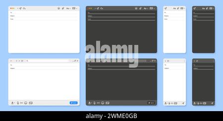 E-Mail-Schnittstelle. E-Mail-Client neue Nachrichtenfenster-Benutzeroberfläche, Desktop- und Mobile-Layout-Vektor-UI-Vorlagensatz Stock Vektor