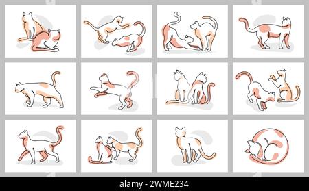 Durchgehende einzeilige Katzenplakate. Niedliche Katzen spielen, pflegen, dehnen und faulenzen. Minimale Katze und Kätzchen für Haustier entwirft Vektor-Illustration Stock Vektor