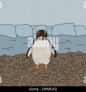Makkaroni-Pinguin. Vektor-Cartoon handgezeichnete Illustration des Wappen-Tieres in der Antarktis. Polarer Kindervogel mit Texturen nahe Eisbergen und Blau Stock Vektor