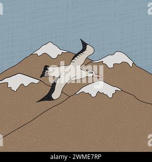Albatross Seevögel. Vektor-Cartoon Hand gezeichnete Illustration des Tieres in der Antarktis. Polarvogel mit Textur fliegt in der Nähe von Bergen und Stock Vektor