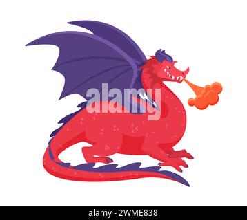 Niedlicher roter Fantasy-Drache mit lila Flügeln und Feuer, magische Monster-Vektor-Illustration Stock Vektor