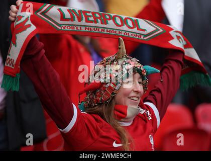 London, Großbritannien. Februar 2024. Ein Liverpool-Fan beim Carabao Cup-Spiel im Wembley Stadium in London. Der Bildnachweis sollte lauten: Paul Terry/Sportimage Credit: Sportimage Ltd/Alamy Live News Stockfoto