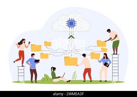 Digitaler Austausch und Datentransfer über Netzwerkverbindung, Cloud-Speicherung und Informationssicherung. Winzige Leute verschieben Dateien und Ordner, teilen Dokumente und Online-Verzeichnis Cartoon Vektor Illustration Stock Vektor