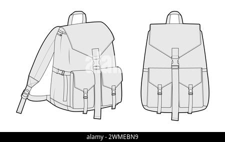 Umhängetasche mit Klappenverschluss vorne mit Pattentasche. Mode Accessoire technische Illustration. Vektor Schultasche vorne 3-4 Ansicht für Männer, Frauen, Unisex Stil, flache Handtasche CAD Modell Skizze isoliert Stock Vektor