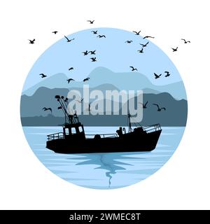 Fischerschiff und Meereslandschaft im Kreis. Die Küste mit Bergen und der Silhouette von Fischerschiffen. Schiff, Hügel und Küste. Vektorabbildung Stock Vektor