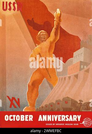Vintage-Poster der UdSSR. Anlässlich des 15. Oktober Jubiläums, gedruckt von Intourist Moskau, Pschenichnikow UdSSR 1930 Stockfoto