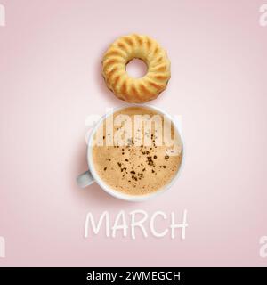 8. März: Happy International Women's Day. Kartendesign mit der Form der Nummer acht aus Dessert und Cappuccino auf rosafarbenem Hintergrund, Draufsicht Stockfoto