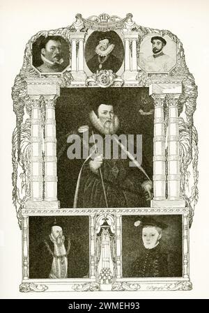 Dieses Bild mit dem Titel „Effigies of the Mary Stuart Tragödie“ zeigt von oben nach unten und von links nach rechts: Earl of Bothwell (dritter Ehemann von Mary Stuart), Sir Umnas Paulet (Kerkermeister von Mary Stuart), David Riccio (Sekretär von Mary Stuart), William Cecil/Lord Burleigh (Kanzler von Queen Elizabeth), Robert Dudley (Earl of Leicester), Lord Henry Dudley (zweiter Ehemann von Mary Stuart). Mary, Königin der Schotten, auch bekannt als Mary Stuart oder Mary I. von Schottland, starb 1587. Sie war vom 14. Dezember 1542 bis zu ihrer erzwungenen Abdankung 1567 Königin von Schottland. Das einzige überlebende, legitime Kind von Jakob V. o Stockfoto