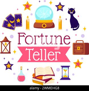 Fortune Teller Vector Illustration mit Kristallkugel, Magic Book oder Tarot für Vorhersagen des Schicksals und Erzählen des Zukunftskonzepts im Hintergrund mit flachem Zeichentrick Stock Vektor