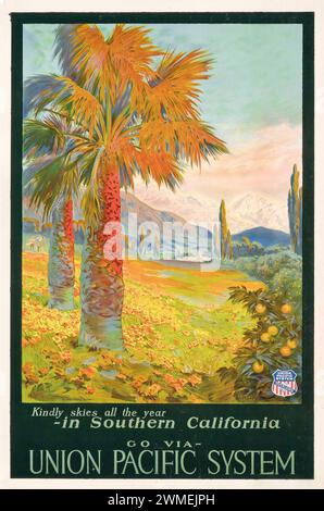 Vintage Train Travel Poster für Union Pacific System Advertising Highlands of Southern California Service 1930s Stockfoto