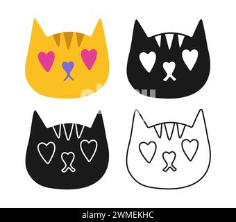 Katze oder Kätzchen Zeichentricksymbol und Doodle, Stempel stilisiertes Set. Romantische Pussycat einfaches Design-Schild für Grußkarte, Einladung, Banner, Tattoo. Netter abstrakter Hand gezeichneter linearer Haustiercharakter Vektor Stock Vektor