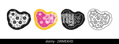 Herzförmiges Pizzakricksymbol und Doodle, Stempelstilisiertes Set. Lustiges romantisches Lunch Design Schild für Grußkarte, Einladung, Banner, Poster. Liebe Pizza abstrakte handgezeichnete lineare Vektor Stock Vektor