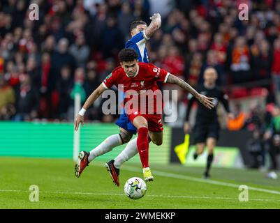 (240226) -- LONDON, 26. Februar 2024 (Xinhua) Liverpool Luis Diaz (Front) wetteiferte um den Ball während des Endrunde-Spiels zwischen Chelsea und Liverpool am 25. Februar 2024 in London. (XINHUA) NUR FÜR REDAKTIONELLE ZWECKE. NICHT ZUM VERKAUF FÜR MARKETING- ODER WERBEKAMPAGNEN. KEINE VERWENDUNG MIT NICHT AUTORISIERTEN AUDIO-, VIDEO-, DATEN-, REGALLISTEN, CLUB-/LEAGUE-LOGOS ODER LIVE-DIENSTEN. ONLINE-IN-MATCH-NUTZUNG AUF 45 BILDER BESCHRÄNKT, KEINE VIDETEMULATION. KEINE VERWENDUNG BEI WETTEN, SPIELEN ODER PUBLIKATIONEN FÜR EINZELNE CLUBS/LIGA/SPIELER. Stockfoto