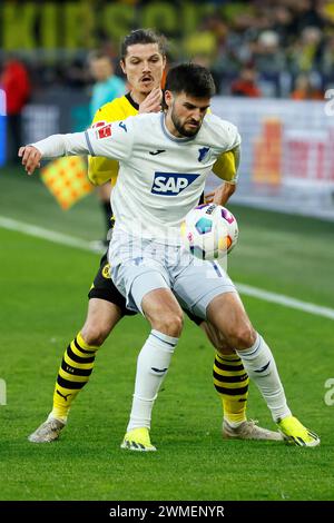 Dortmund, Deutschland. Februar 2024. Marcel Sabitzer (zurück) von Borussia Dortmund streitet mit Florian Grillitsch von TSG Hoffenheim während des ersten Bundesliga-Spiels zwischen Borussia Dortmund und TSG Hoffenheim am 25. Februar 2024 in Dortmund. Quelle: Joachim Bywaletz/Xinhua/Alamy Live News Stockfoto