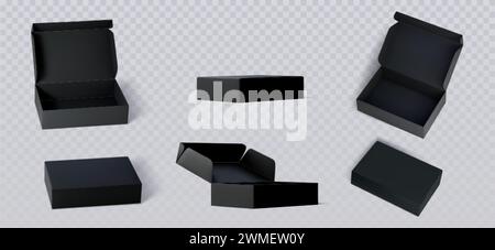 Schwarze Pappschachtel Mockups, isoliert auf transparentem Hintergrund. Vektor-realistische Illustration von offenen und geschlossenen 3D-Kartonverpackungen für Schuhe, mai Stock Vektor