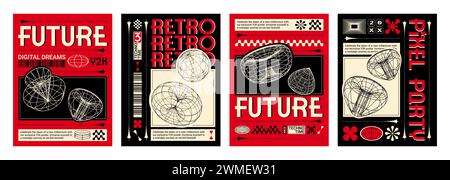 Plakatdesign in y2k-Ästhetik mit abstrakten Drahtmodellobjekten auf schwarzem und rotem Hintergrund. Vektor-Banner-Vorlage im trendigen Retro-Stil der 2000er Jahre Stock Vektor