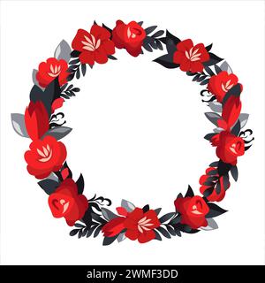 Vektorrunder Rahmen von handgezeichneten Blumen für Wörter und Text. Isolierte rote schwarze Vignette mit Tulpen und Rosen für Design, Comics und flache Banner Stock Vektor