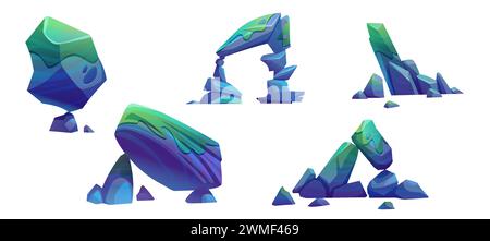 Blauer großer außerirdischer Planet oder Wüstennächtestein mit Moos. Zeichentrickvektor-Illustration Satz Fantasy Felsenklippe für Berglandschaftsdesign. Fantastisches Landgelände, Felsblöcke und felsiger Canyon. Stock Vektor