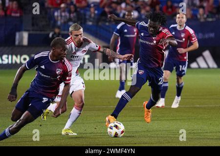 Frisco, Texas, USA. Februar 2024. 24. Februar 2024, Frisco, Texas, Vereinigte Staaten: Dallas-Mittelfeldspieler Herbert Endeley spielte am Samstag, den 24. Februar 2024 in Frisco, Texas, im Toyota Stadium während des Major League Soccer (MLS)-Spiels zwischen dem FC Dallas und San Jose Earthquakes. Fotos von Javier Vicencio/Eyepix Group) (Foto: © Javier Vicencio/eyepix via ZUMA Press Wire) NUR ZUR REDAKTIONELLEN VERWENDUNG! Nicht für kommerzielle ZWECKE! Stockfoto