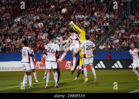 Frisco, Texas, USA. Februar 2024. 24. Februar 2024, Frisco, Texas, Vereinigte Staaten: San Jose Torhüter Daniel de Sousa Brittol im Spiel der Major League Soccer (MLS) zwischen dem FC Dallas und San Jose Earthakes spielte am Samstag, den 24. Februar 2024 im Toyota Stadium in Frisco, Texas, Vereinigte Staaten. Fotos von Javier Vicencio/Eyepix Group) (Foto: © Javier Vicencio/eyepix via ZUMA Press Wire) NUR ZUR REDAKTIONELLEN VERWENDUNG! Nicht für kommerzielle ZWECKE! Stockfoto