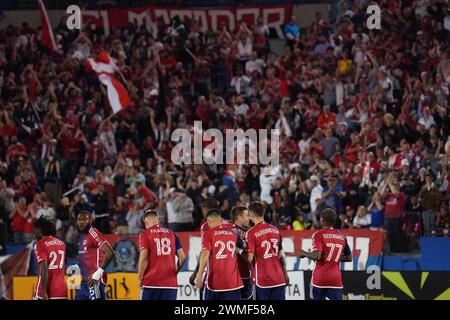 Frisco, USA. Februar 2024. 24. Februar 2024, Frisco, Texas, Vereinigte Staaten: Die Spieler von Dallas feiern ein Tor von Asier Illarramendi während der ersten Hälfte der Major League Soccer (MLS-Spiel zwischen dem FC Dallas und San Jose Earthakes) im Toyota Stadium am Samstag, den 24. Februar 2024 in Frisco, Texas, USA. Fotos von Javier Vicencio/Eyepix Group/SIPA USA) Credit: SIPA USA/Alamy Live News Stockfoto