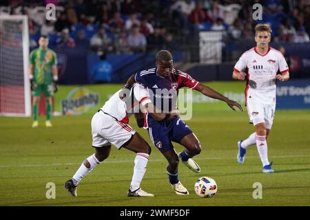 Frisco, USA. Februar 2024. 24. Februar 2024, Frisco, Texas, Vereinigte Staaten: Dallas Stürmer Bernard Kamungo in Aktion während des Major League Soccer (MLS) Spiels zwischen dem FC Dallas und San Jose Earthakes, gespielt am Samstag, den 24. Februar 2024, im Toyota Stadium in Frisco, Texas, Vereinigte Staaten. Fotos von Javier Vicencio/Eyepix Group/SIPA USA) Credit: SIPA USA/Alamy Live News Stockfoto