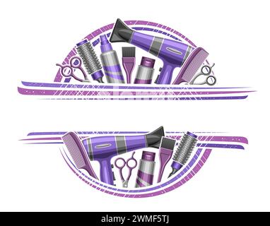 Vektorrand für Friseursalon mit leerem Copyspace für Anzeigetext, dekoratives Schild mit Illustration von Friseurzubehör, lila farbige bea Stock Vektor