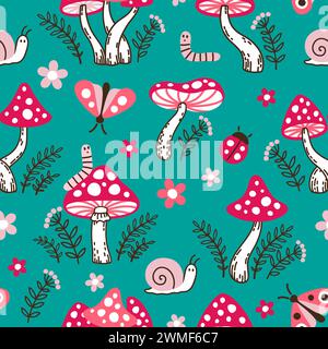 Das nahtlose Muster von Amanita-Pilzen. Hand gezeichnete Vektor-Illustration der roten Amanita in einem Zeichentrickstil auf einem dunkelgrünen Hintergrund Stock Vektor
