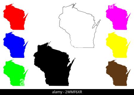 Silhouette und Umrisskarte des Bundesstaates Wisconsin (USA, USA oder USA) Stock Vektor