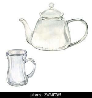 Aquarellbild einer leeren transparenten Teekanne für Heilkräuter isoliert auf weiß. Teekanne aus Glas und Tasse für Tee. Handzeichnung von Glasutensilien. Stockfoto