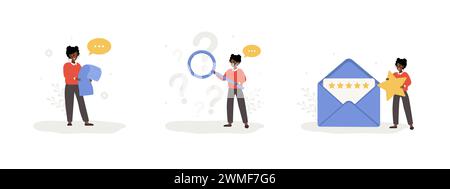 Kundensupport. Afrikanische weibliche Charaktere stellen Fragen, lesen Leitfäden und hinterlassen Feedback. FAQ-Konzept. Online-Hilfe. Vektorsatz Stock Vektor