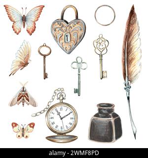 Vintage-Set mit Taschenuhr, Schlüsseln und Schloss, Federstift, Tintenfass, Schmetterling und Motte. Handgezeichnete Aquarellillustration. Retro-Clip Design e Stockfoto