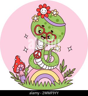 Niedliche Retro-groovige Schlangenmädchen-Hippie-Figur. Komisches Reptilientier Kawaii auf Regenbogen. Coole Vektor-Illustration im trendigen 70er Jahre Stil Stock Vektor