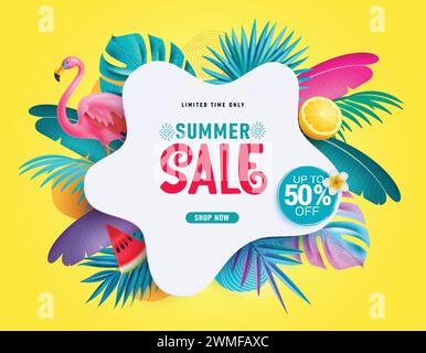 Sommer Sale Text Vektor Banner Design. Sommerangebot zeitlich begrenztes Angebot: 50 % Rabatt mit tropischen Blättern und Flamingoelementen. Vektor Stock Vektor