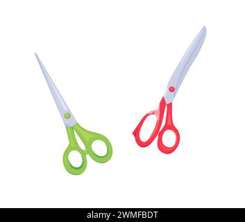 Set mit niedlichen Scheren im Cartoon-Stil. Set aus verschiedenen farbigen Scheren-Vektoren. Vektorillustration von farbigen Scheren verschiedener Formen. Schere Stock Vektor