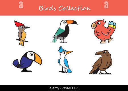 Lernspiel für Kinder. Suchen Sie den richtigen Schatten. Set von Zeichentrickvögeln. Stock Vektor