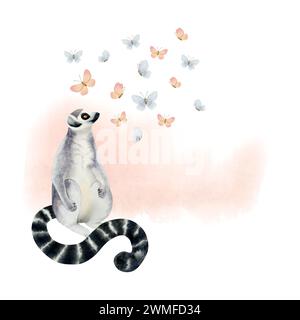 Niedlicher Lemur-Affe mit hellrosa und blauen Schmetterlingen. Handgezeichnete Aquarellillustration Stockfoto