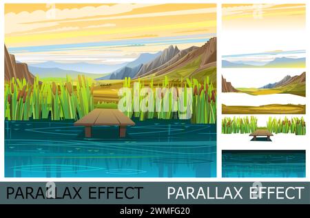 Fluss und Pier. Berglandschaft. Objektträgersatz für Parallaxeneffekt. Lustiger Zeichentrickstil. Bildvektor Stock Vektor