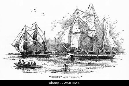 Die HMS Erebus (1826) war ein Bombenschiff mit 14 Kanonen, das 1826 gestartet wurde. Sie und die HMS Terror nahmen an James Clark Ross’ Expedition in die Antarktis von 1839 bis 1843 Teil. Die beiden Schiffe wurden 1844 auf Schraubenantrieb umgebaut und nahmen 1845 an der Expedition von Konteradmiral John Franklin in die Arktis Teil. 1848 ließen die Besatzungen sie zurück, nachdem sie in der Nähe von King William Island im Eis gefangen waren. Stockfoto