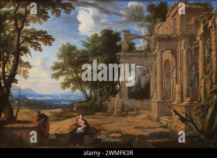 Landschaft mit dem Rest auf dem Flug nach Ägypten des französischen Malers Pierre Patel in der National Gallery, London, Großbritannien Stockfoto