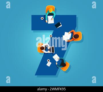 Nummer 7. Das Team arbeitet zusammen an einem Tisch in Form der Nummer sieben. Kreative Schriftart. Illustration des flachen Vektors. Stock Vektor